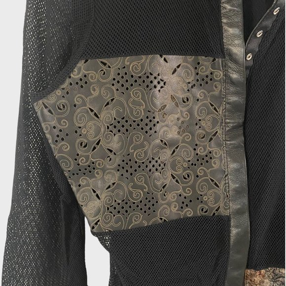 Isabel Leather & Mesh Button-Up Blouse Womens Medium Black Abstract Panel Top - Picture 7 of 14